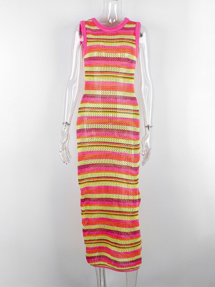 Y2k Retro Striped Grunge Crochet Striped Bodycon Dress Aesthetic Holiday Beach Dress