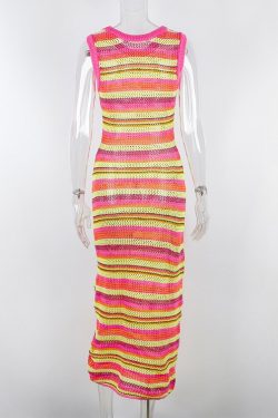 Y2k Retro Striped Grunge Crochet Striped Bodycon Dress Aesthetic Holiday Beach Dress