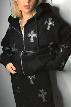 Y2k Rhinestone Cross Joggers Gothic Zip Up Sweatpants Aesthetic Emo Oversized Hip Hop Harajuku Grunge Unisex