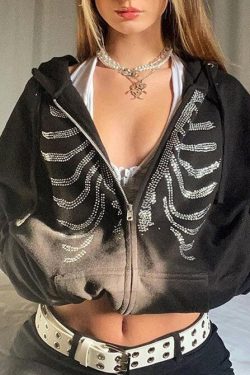 Y2k Rhinestone Skeleton Hoodies Women Gothic Black Zip Up Oversized Sweatshirts Female Retro Harajuku Hooded Jacket Streetwear