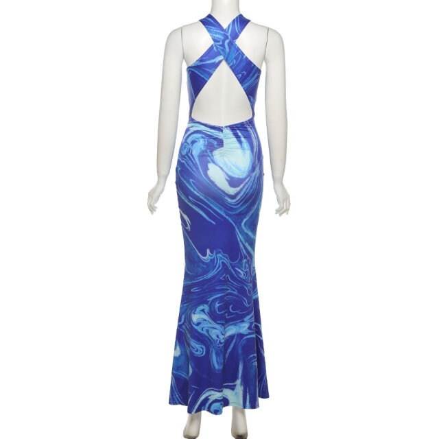Y2k Sexy Beach Bodycon Dresses Women Hollow Out Off Shoulder Backless Print Tie Dye Blue Maxi Dress