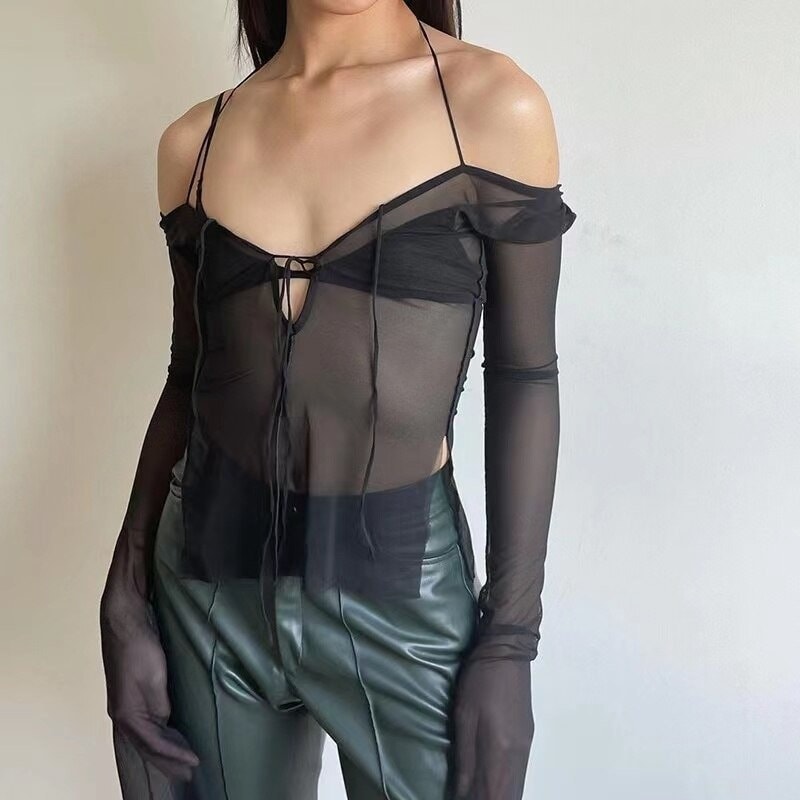 Y2k Sexy Mesh Long Sleeved Top 2000s Bella Hadid Style Grunge Gothic 90s Aesthetic