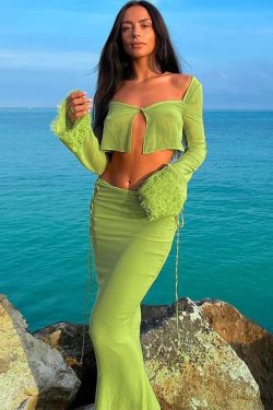 Y2k Sexy Transparent Two Piece Set See Through Beach Set Vintage Green Lace Top Retro Maxi Skirt Elegant Summer Dress For Women