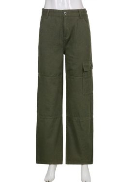 Y2k Side Pocket Designed High Waisted Green Denim Cargo Pants Streetwear Vintage Punkwear Harajuku Techwear Korean Grunge