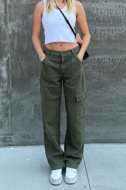 Y2k Side Pocket Designed High Waisted Green Denim Cargo Pants Streetwear Vintage Punkwear Harajuku Techwear Korean Grunge