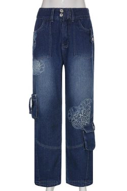 Y2k Side Pockets Designed High Waisted Baggy Hip Hop Loose Cargo Denim Pants Streetwear Vintage Harajuku Korean Grunge