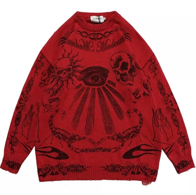 Y2k Skull Harajuku Crewneck Vintage Graffiti Knitted Sweater Aesthetic Oversized Sweatshirt Basic Y2k Pullover Retro Unisex Sweater