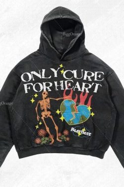 Y2k Skull Skelett Heartless Hearth Graphic Printed Hiphop Hoodie Graphic Faded Streetwear Oversized Sweater Jumper Pullover Men Single