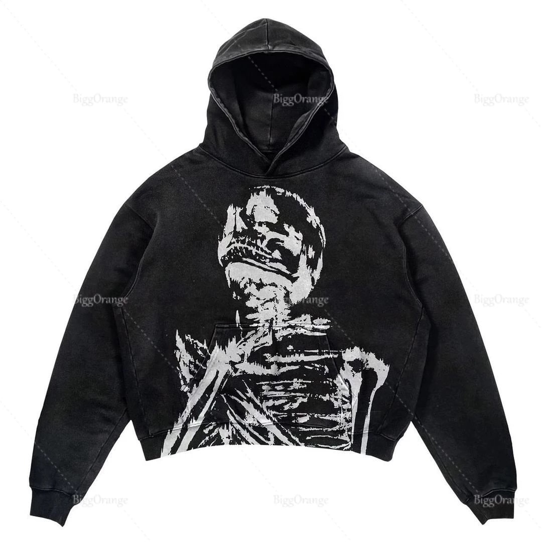 Y2k Skull Skelett Printed Graphic Printed Hiphop Hoodie Quality Graphic Faded Streetwear Oversized Sweater Jumper Pullover Men Single