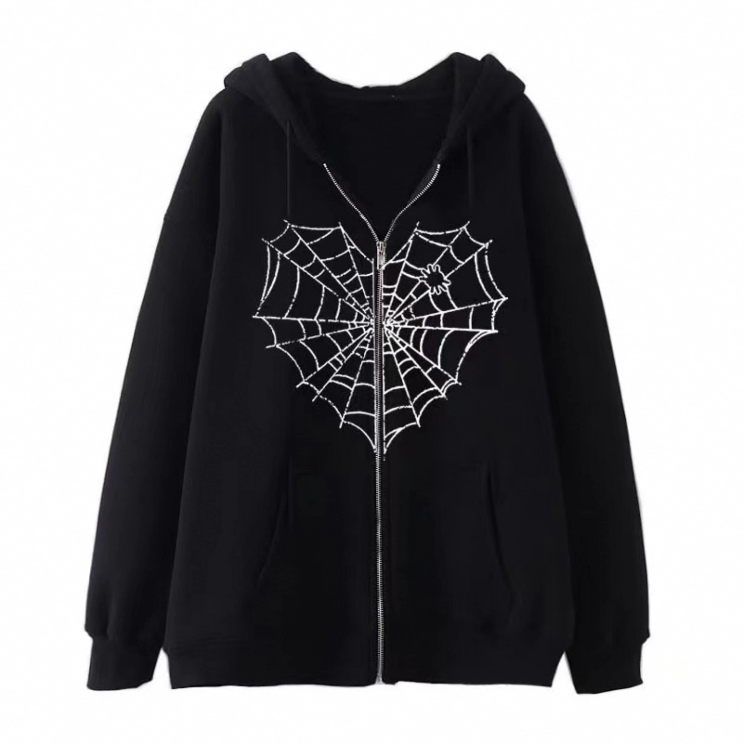 Y2k Spider Web Printed Zip Up Hoodie Gothic Hoodie Y2k Clothing Streetwear Jacket Basic Y2k Pullover Unisex Hoodie