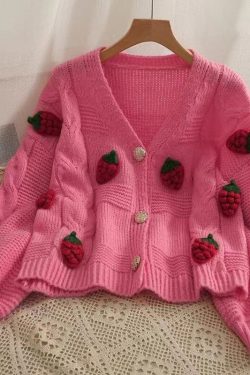 Y2k Strawberry Knitted Cardigan Cute V Neck Knit Sweater White Pink Blue Kawaii Aesthetic Harajuku