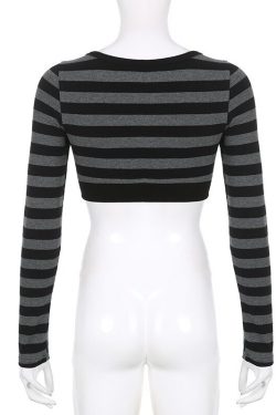 Y2k Striped Crop Top Full Sleeve T Shirt V Neck Vintage Grunge Tee Shrug Streetwear Vintage Cardigan