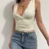 Y2k Sweet Cute V Neck Bodycon Sexy Tank Top Fashion 2000s Aesthetic Summer Cropped Vest Slim Bow Lace Top Women Cloth