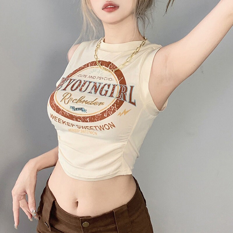 Y2k Top 2000s Heyoungirl Print Nosleeve Grunge Basic Crop Top & Sexy Graphic Korean Fashion Retro Harajuku Vintage