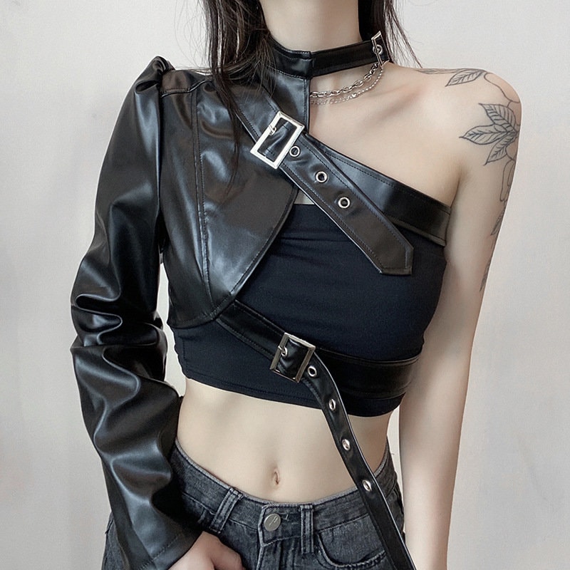 Y2k Top 2000s One Shoulder Leather Jacket Belt Basic Crop Top & Sexy Graphic Korean Fashion Retro Harajuku Vintage Babes