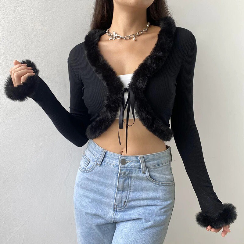 Y2k V Neck Long Sleeve Cropped Aesthetic Knit Crop Top