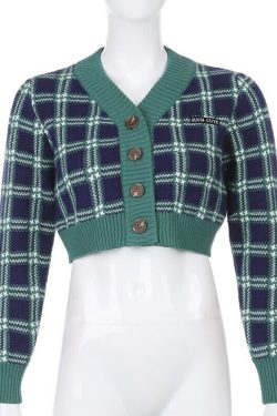 Y2k Vintage Checkerboard Knitted Long Sleeve Cropped V Neck Big Button Down Cardigan Sweater Winterwear Autumnwear Streetwear