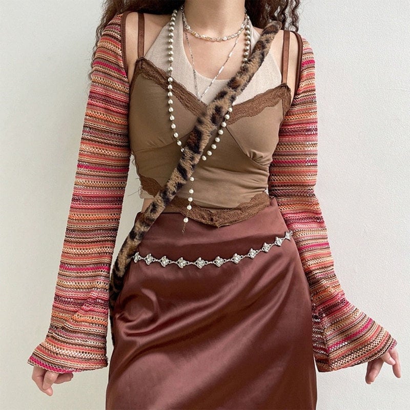Y2k Vintage Cover Up Shrugs Ultra Short Sweater Coat Colorful Stripes Hollow Knitted Open Front Cropped Cardigan Top