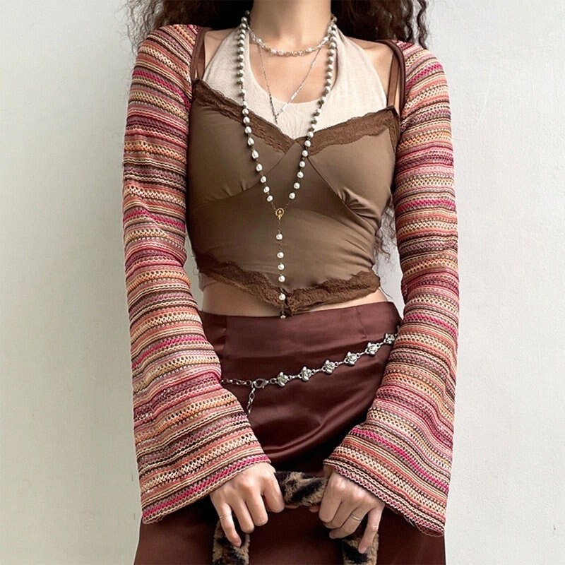 Y2k Vintage Cover Up Shrugs Ultra Short Sweater Coat Colorful Stripes Hollow Knitted Open Front Cropped Cardigan Top