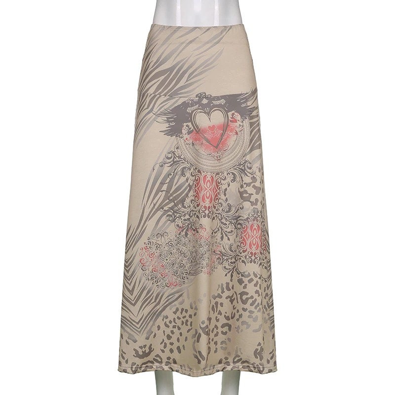 Y2k Vintage Graphic Print Designed High Waisted A Line Midi Skirt Streetwear Lolita Korean Retro Vintage