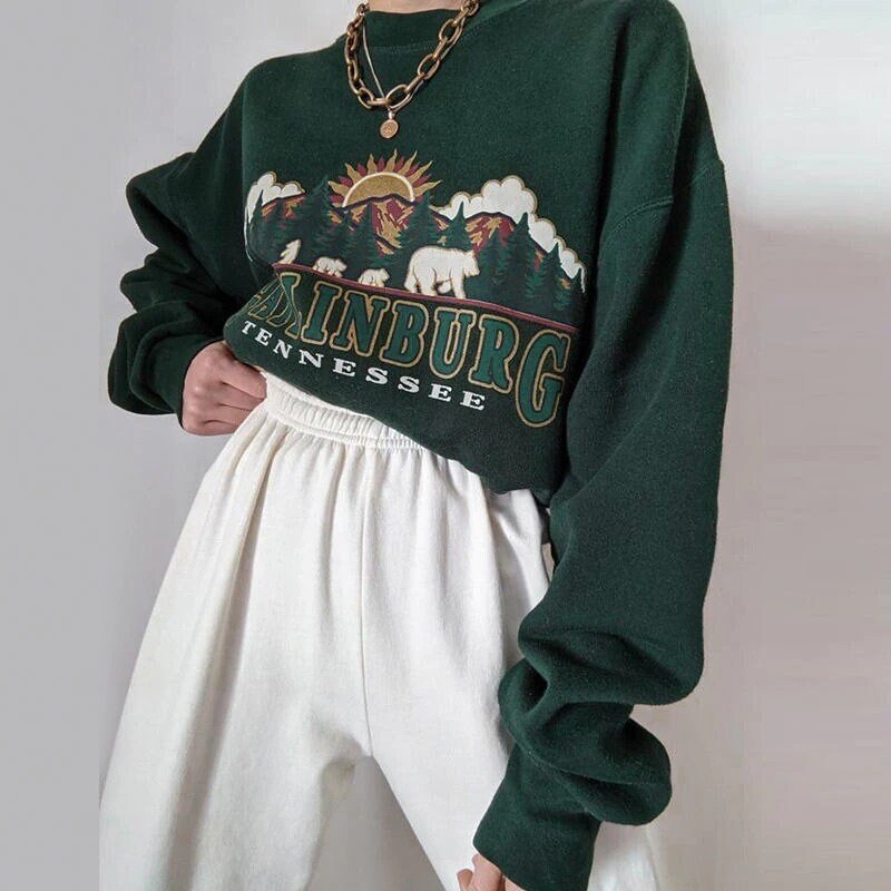 Y2k Vintage Green Women Hoodies Oversize E Girl Aesthetic Print Sweatshirt Autumn 90s Street Pullover Long Sleeve Top
