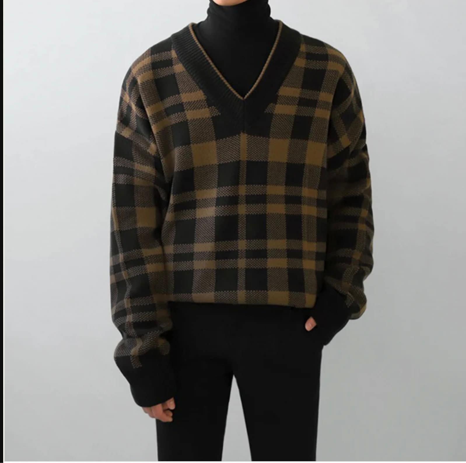 Y2k Vintage V Neck Plaid Sweater Autumn And Winter Casual Loose V Neck Knitted Sweater