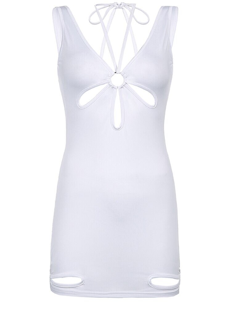 Y2k White Cut Out Mini Dress Backless Sexy Bodycon Women Summer Halter Sleeveless Short Ladies