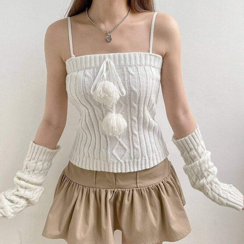 Y2k White Knitted Sleeveless Grunge Cropped Top