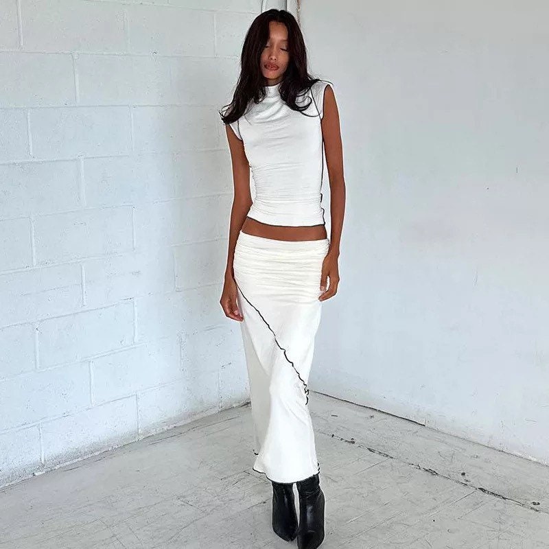 Y2k White Maxi Skirt And Turtleneck Crop Top Set Streetwear