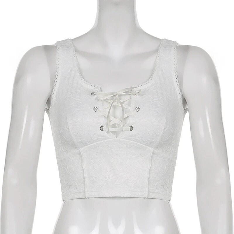 Y2k White Sleeveless Lace Grunge 2000s Aesthetic Cropped Top Trendy Clothes