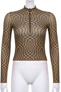 Y2k Zipper & Check Plaid Designed Pullover Knitted Long Sleeve Crop Top