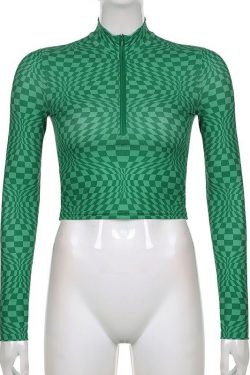 Y2k Zipper & Check Plaid Designed Pullover Knitted Long Sleeve Crop Top