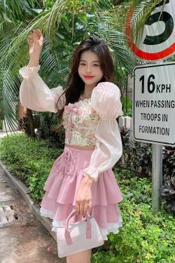 Autumn Pink Kawaii Mini Skirt Women Lace Up Pleated Skirt