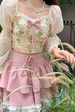 Autumn Pink Kawaii Mini Skirt Women Lace Up Pleated Skirt