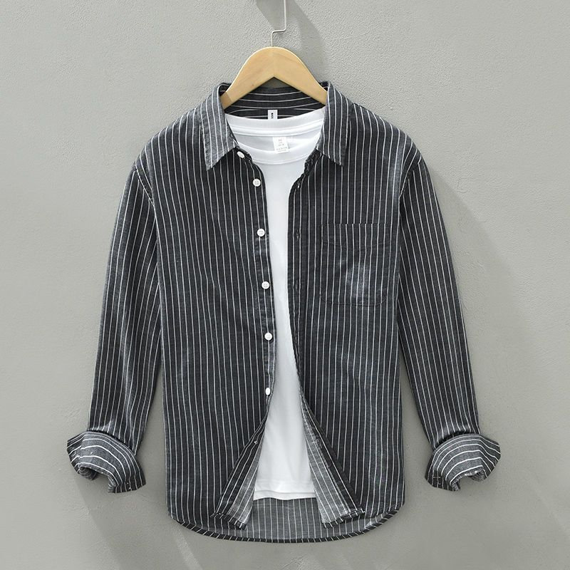 Autumn Vintage Y2K Men's Striped Cotton Long-Sleeved Casual Shirt