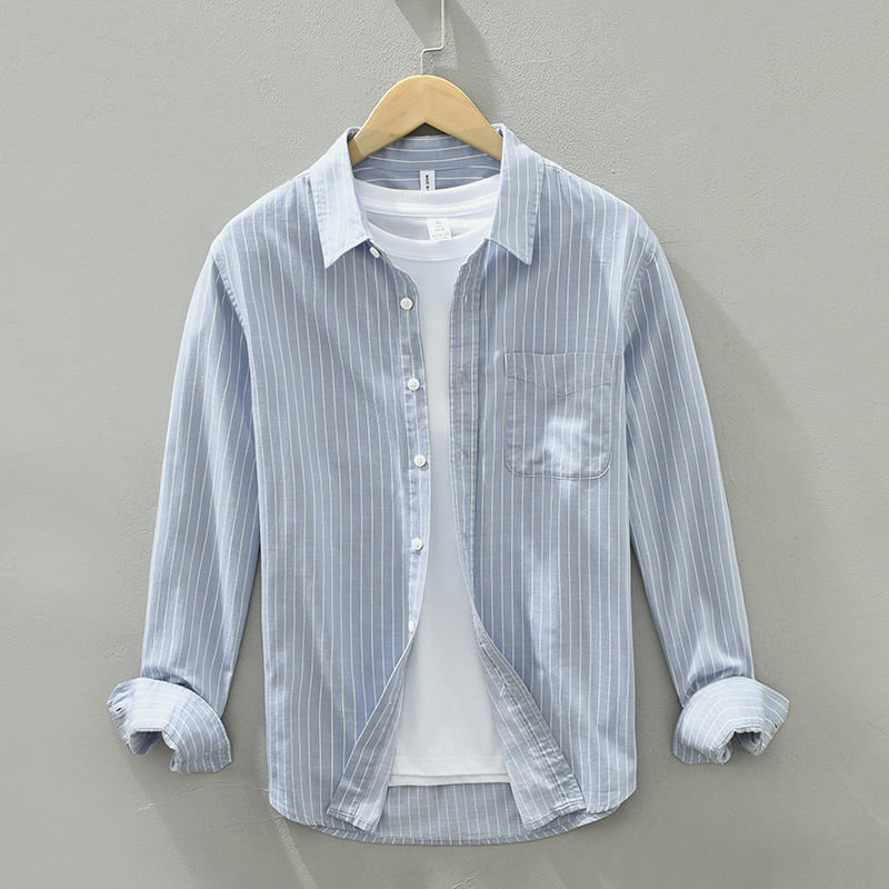 Autumn Vintage Y2K Men's Striped Cotton Long-Sleeved Casual Shirt