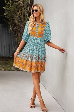 Bohemian Mini Dress with Floral Print and Tassel Front Tie
