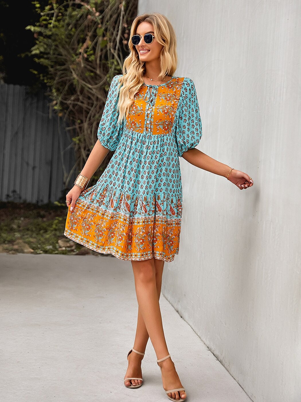 Bohemian Mini Dress with Floral Print and Tassel Front Tie