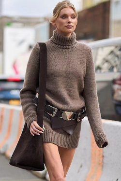Elegant Slim Fit Brown Turtleneck Sweater Dress for Women - High Quality Y2K Streetwear