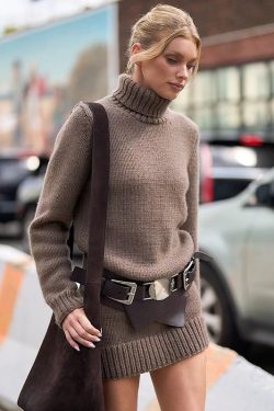 Elegant Slim Fit Brown Turtleneck Sweater Dress for Women - High Quality Y2K Streetwear