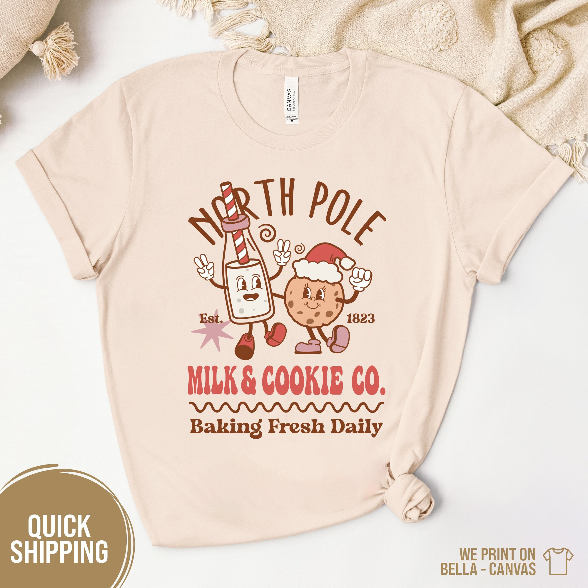 Festive Y2K Clothing: Cute Christmas Baking Shirt with North Pole Milk and Cookie Co Santa Design