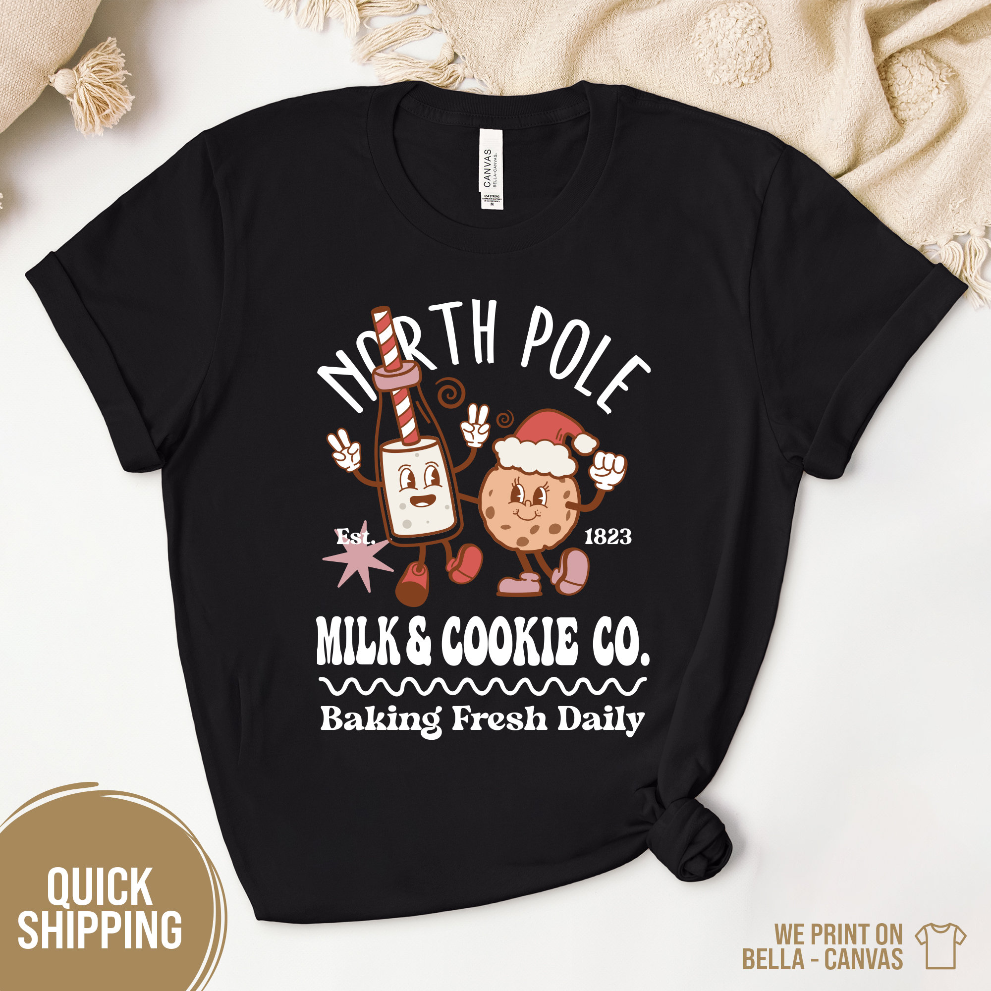 Festive Y2K Clothing: Cute Christmas Baking Shirt with North Pole Milk and Cookie Co Santa Design