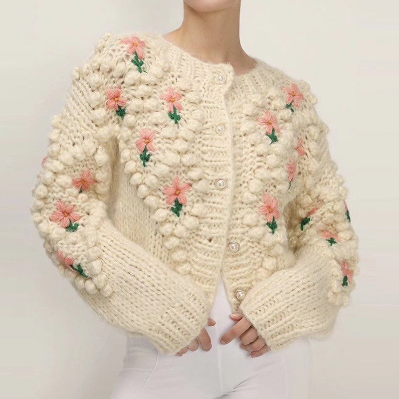 Floral Embroidery Knitted Sweater Cardigan | Y2K White Warm Button Up Coat