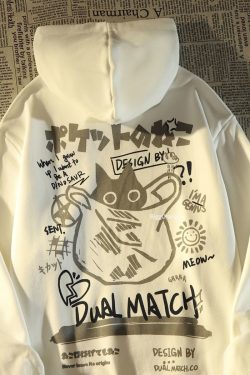 Funny Cat Y2K Hoodie Sweatshirt for Women - Japanese Streetwear Aesthetic Kawaii Shirt