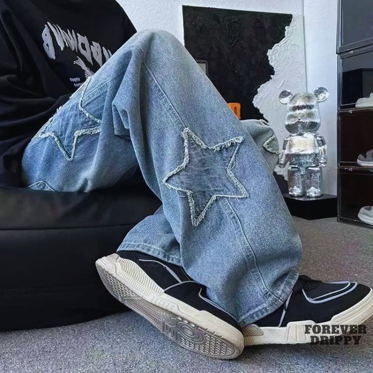 Gothic Neutral Style Embroidered Star Design Men's Y2K Streetwear Jeans