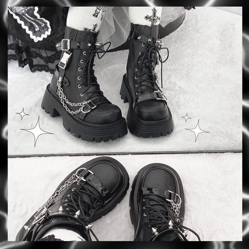 Gothic Punk Lace Up Combat Boots with Wedge Sole