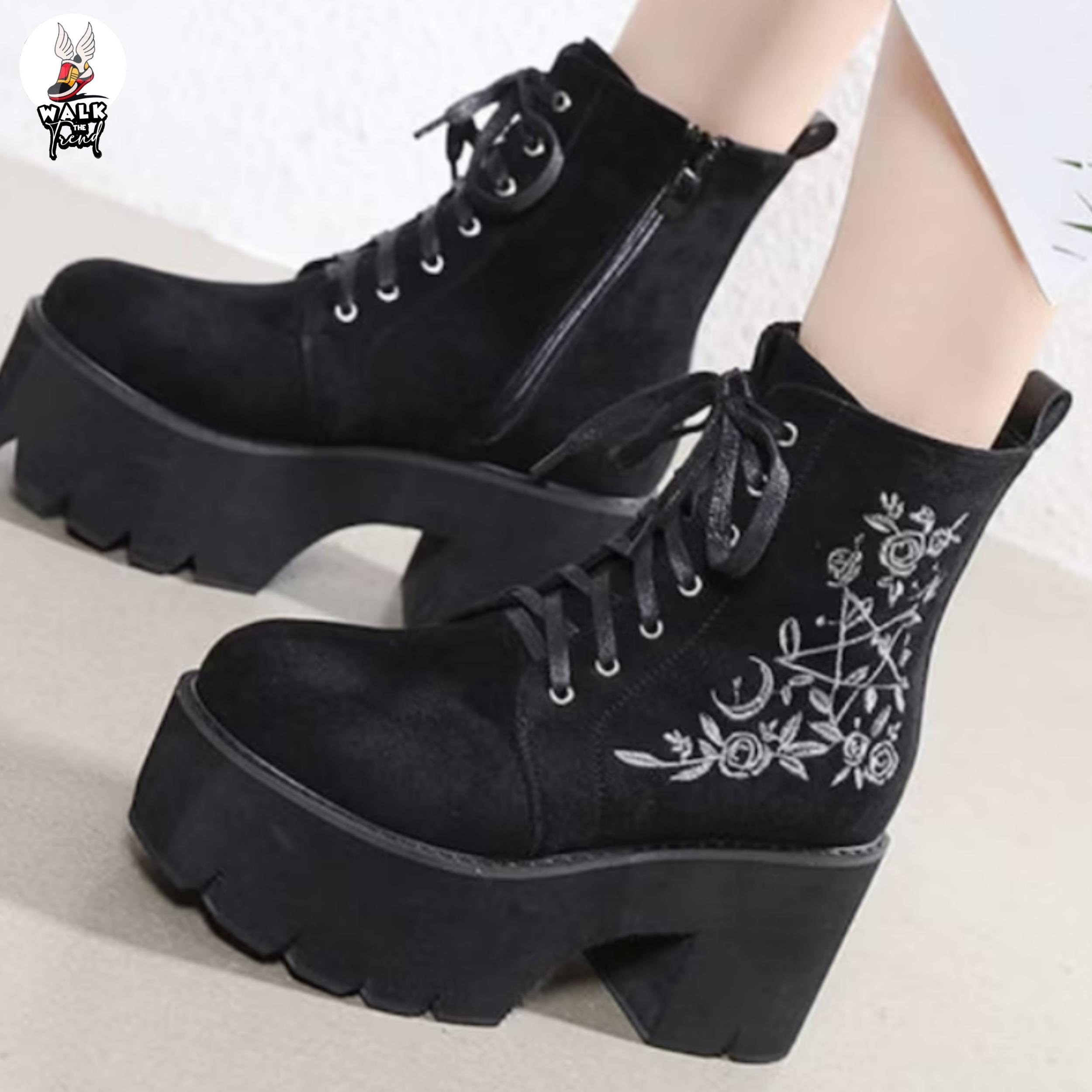 Gothic Punk Platform Lace Up Boots with Witch Pentagram Moon Embroidery