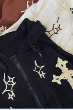 Gothic Y2K Vintage Embroidered Cross Zip Up Hoodie