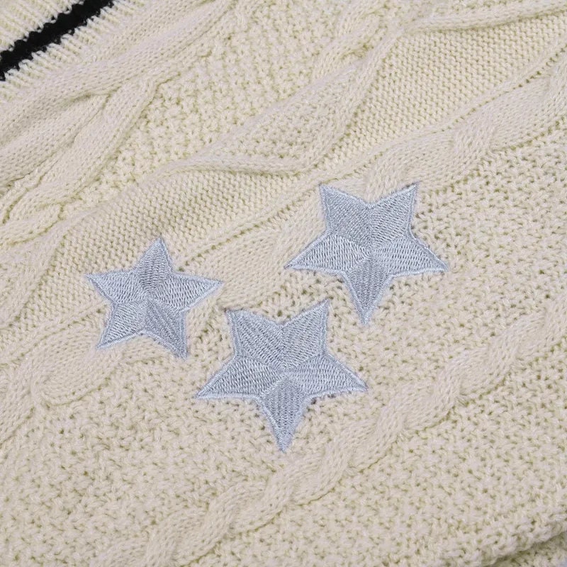 Handmade White Star Folklore Cardigan - Cozy Oversized Knit Sweater with Star Embroidery