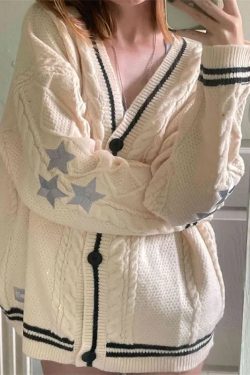 Handmade White Star Folklore Cardigan - Cozy Oversized Knit Sweater with Star Embroidery